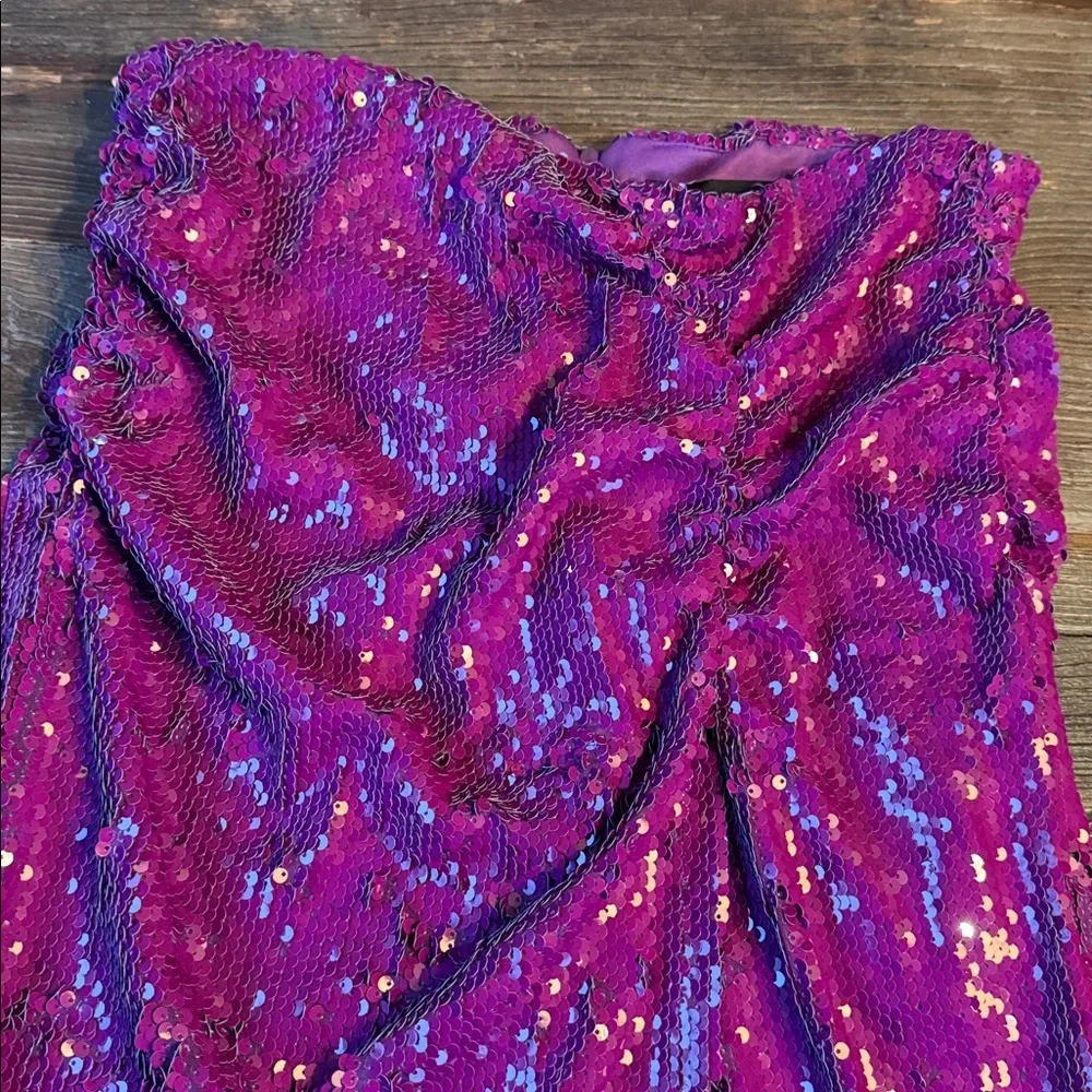 Zara purple sequined ruched front slit midi skirt Size large - Picture 4 of 8